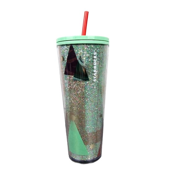 Starbucks Christmas Cold Travel Cup 24 floz Tumbler Straw Glitter Insulated Tree - Picture 2 of 7